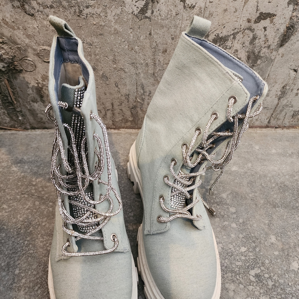 Cape Robbin Nunani Denim Lace Up Chunky Lug Sole Rounded Toe Ankle Combat Boots